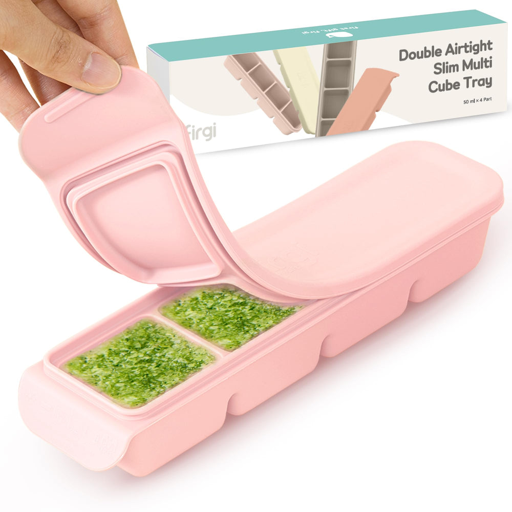 Firgi silicone ice cube tray with pastel pink lid for easy baby meal prep