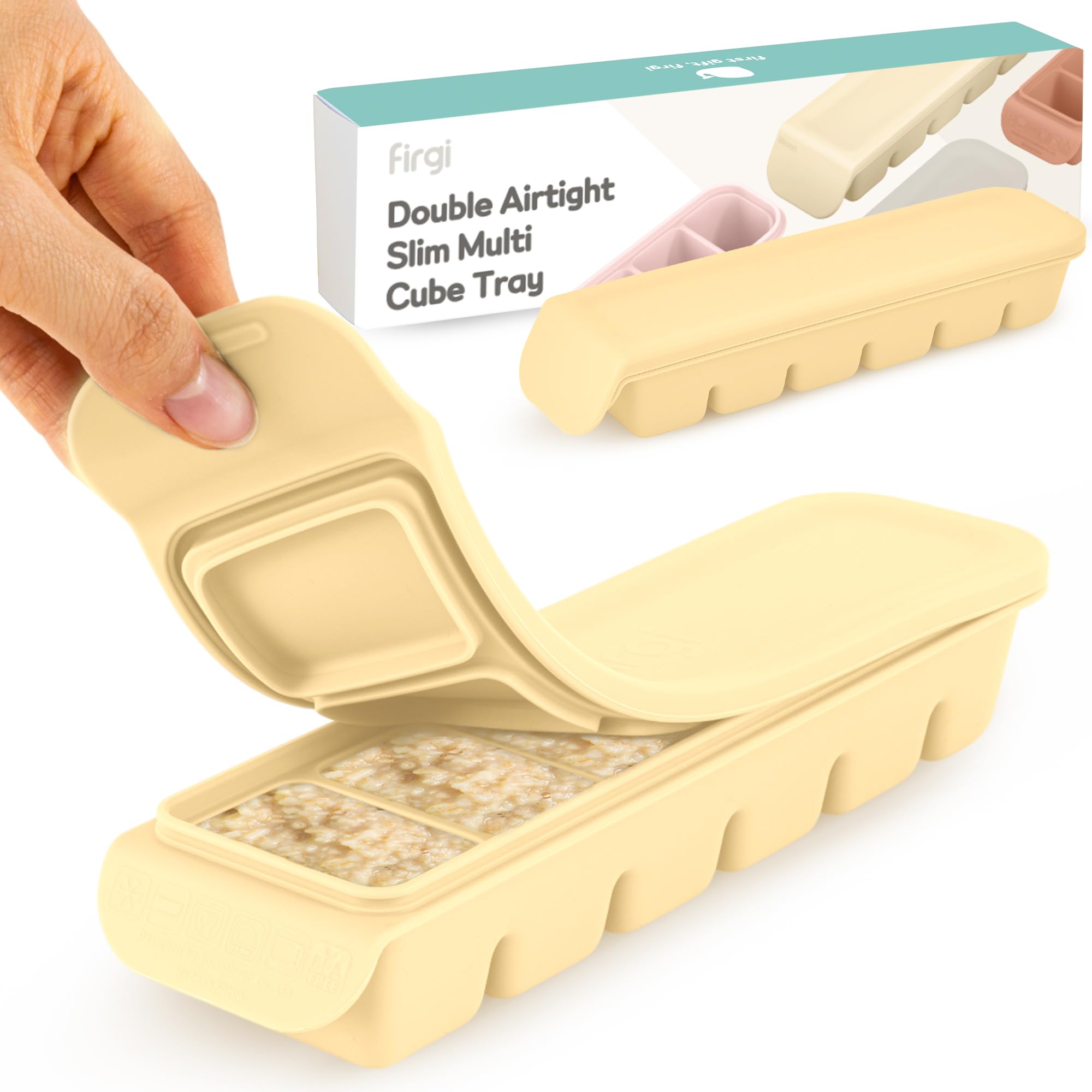 Firgi silicone ice cube tray with lid showing six 1-ounce sections for precise baby puree prepping