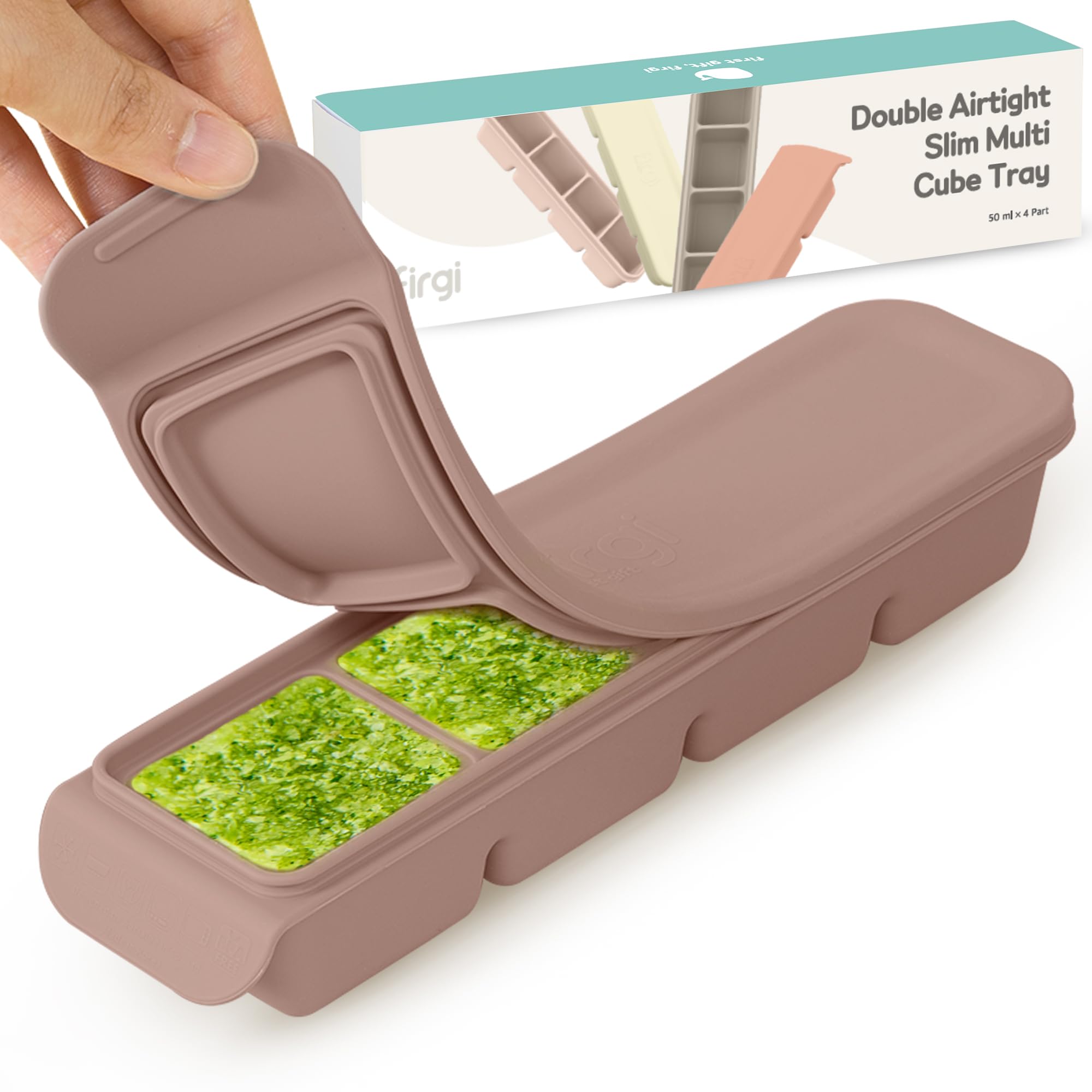 Firgi silicone ice cube tray with lid for mess-free storage and easy pop-out cubes.