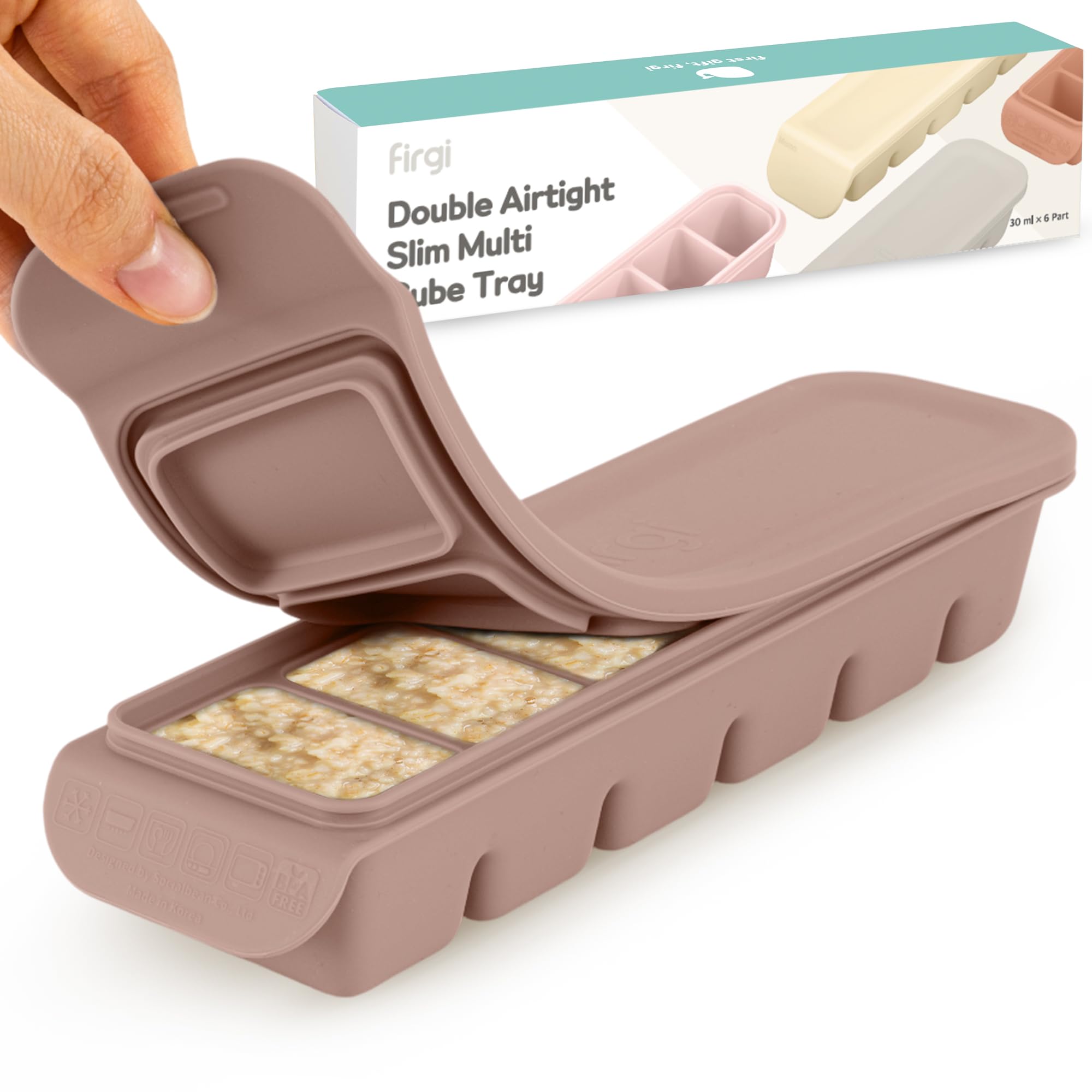 Firgi silicone ice cube tray with lid displaying six 1 oz cubes for easy baby food portions.