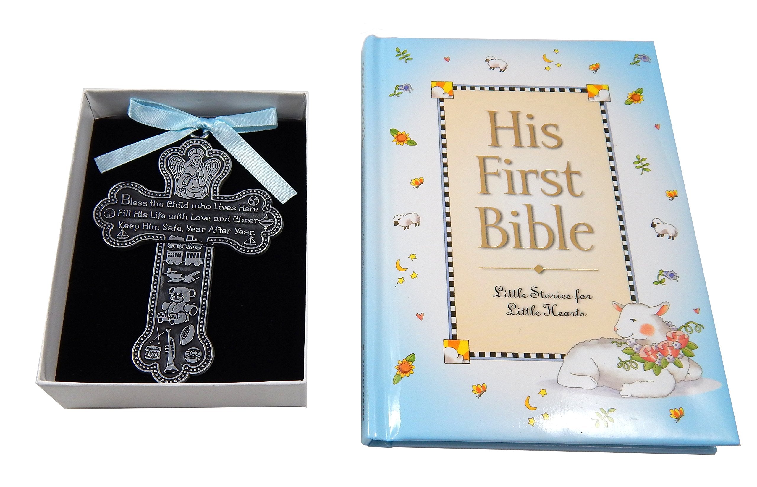 Baby Boy First Bible with pewter guardian angel crib cross, a keepsake for baptism and faith milestones.