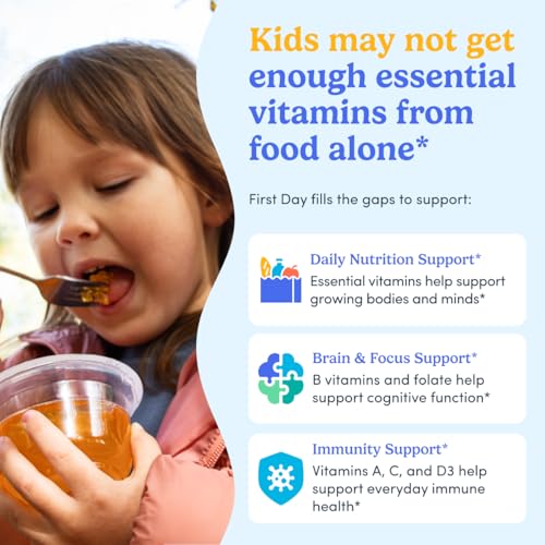 First Day Kids Multivitamin Gummies fruit blend ingredients panel; natural nutrients for everyday vitality.