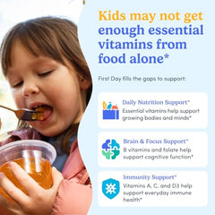 First Day Kids Multivitamin Gummies fruit blend ingredients panel; natural nutrients for everyday vitality.