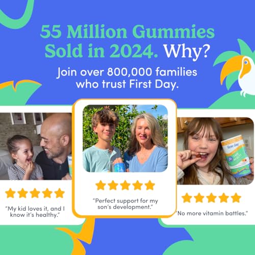 First Day Kids Multivitamin Gummies packaging variation; 30-day routine with consistent nutrition.