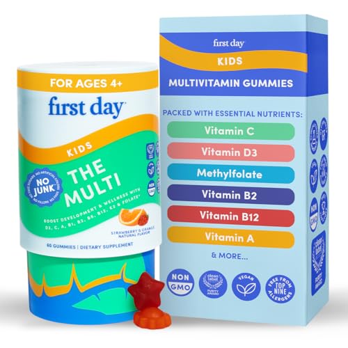 First Day Kids Multivitamin Gummies strawberry-orange packaging; convenient daily vitamin source for growth.