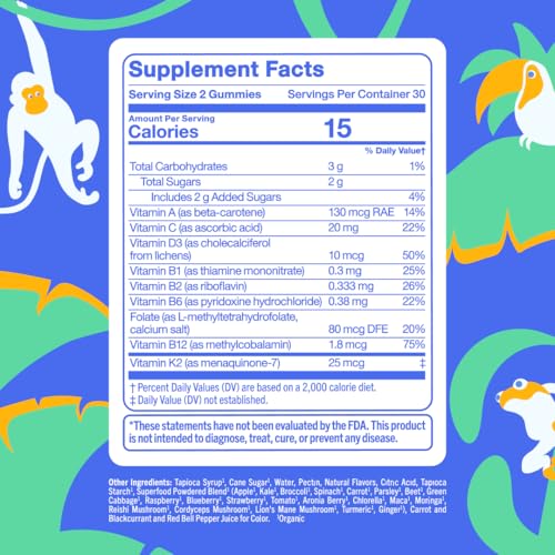 First Day Multivitamin Gummies organic fruits and vegetables collage; supports balanced daily nutrition.