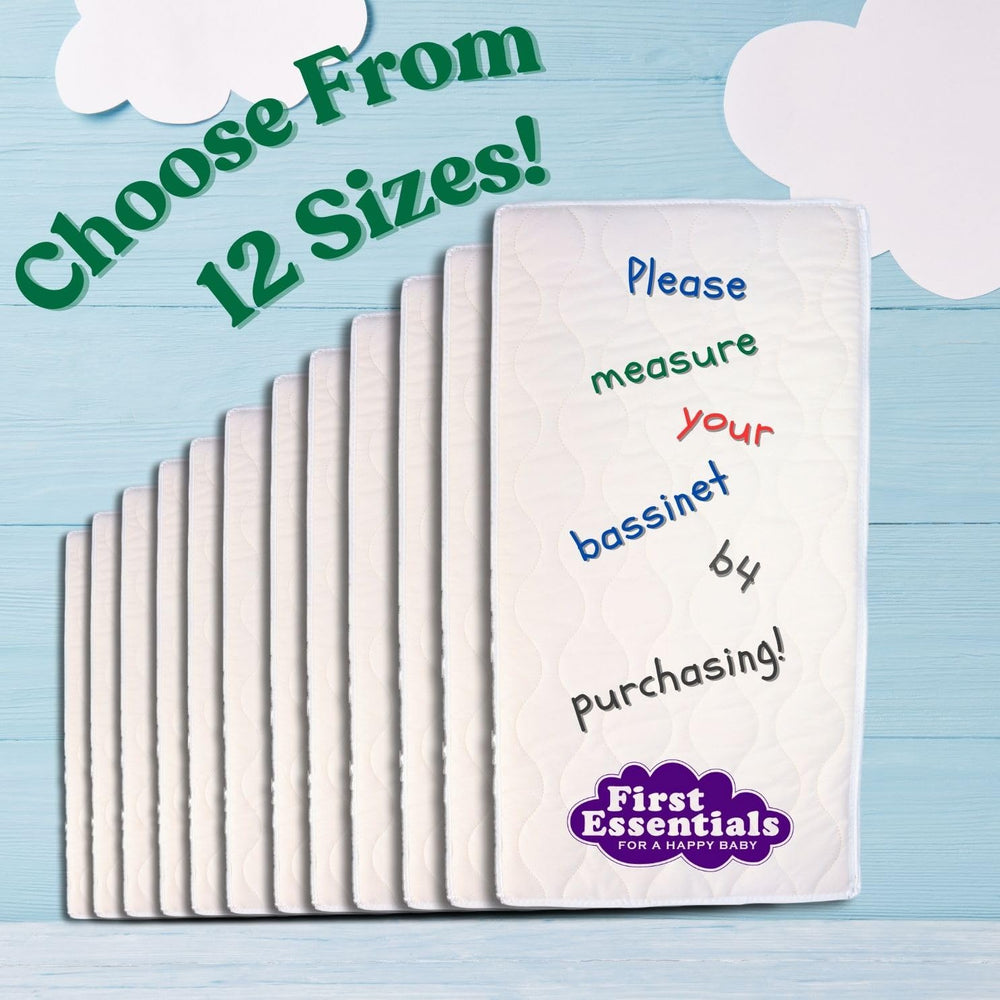 First Essentials bassinet mattress 12x29 size graphic shows precise fit for bassinets