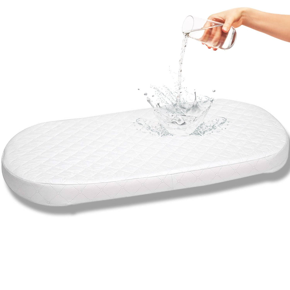 First Essentials bassinet mattress pad oval 13x29 offers a safe, snug newborn sleep surface.