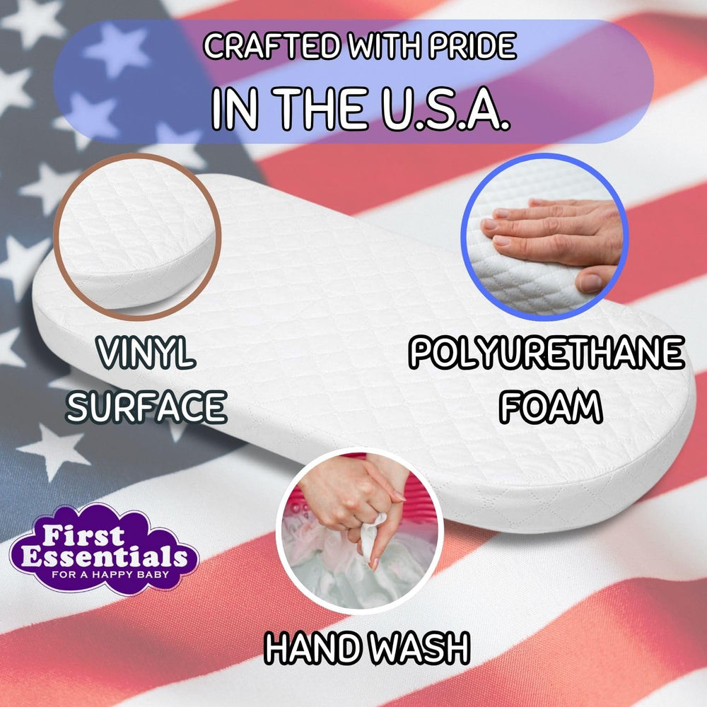 First Essentials bassinet mattress pad made with non-toxic, hypoallergenic materials for safety.