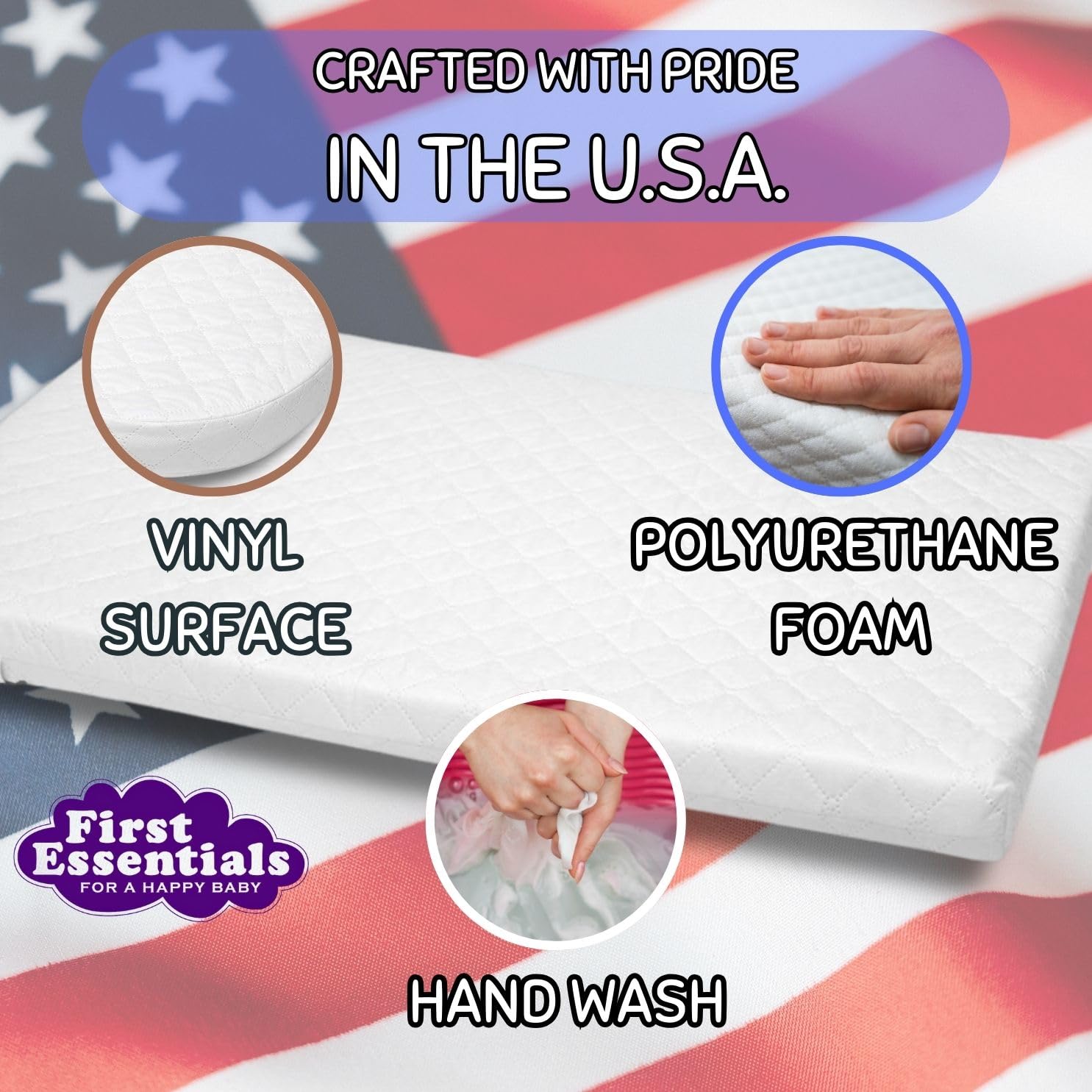 First Essentials bassinet mattress spot-cleaning demonstrates easy maintenance between uses