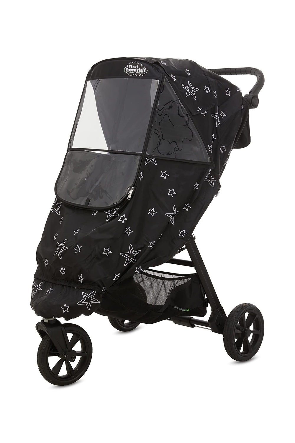 First Essentials universal-fit stroller cover protects child from rain and wind