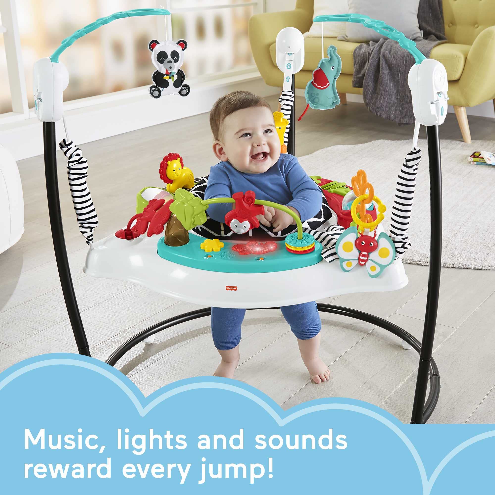 Fisher-Price Baby Bouncer Pink Petals lights and sounds enhance bouncing.