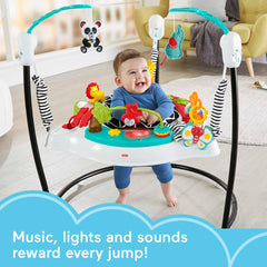 Fisher-Price Baby Bouncer Pink Petals lights and sounds enhance bouncing.