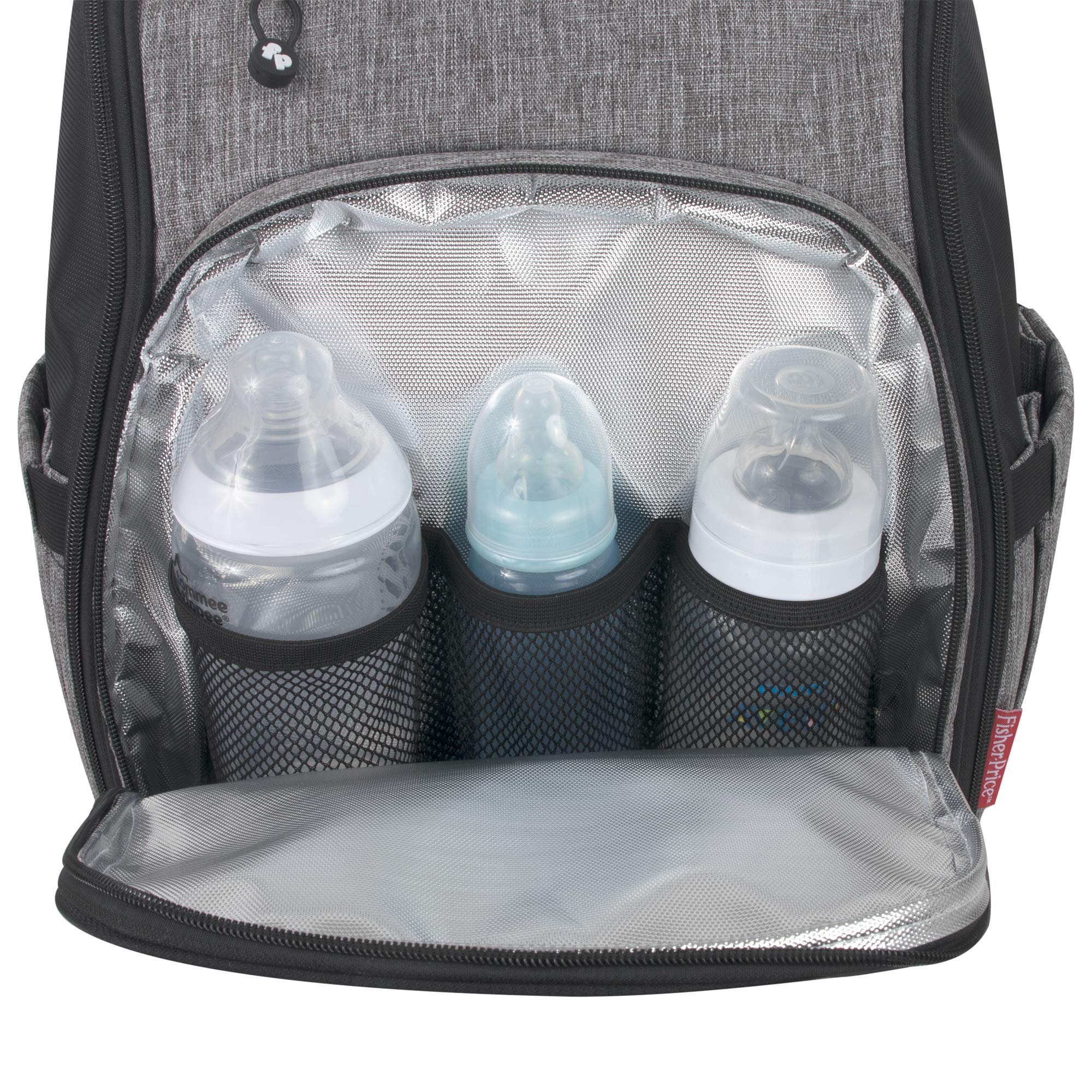 Fisher-Price Baby diaper backpack with changing pad ready for on-the-go diaper changes.