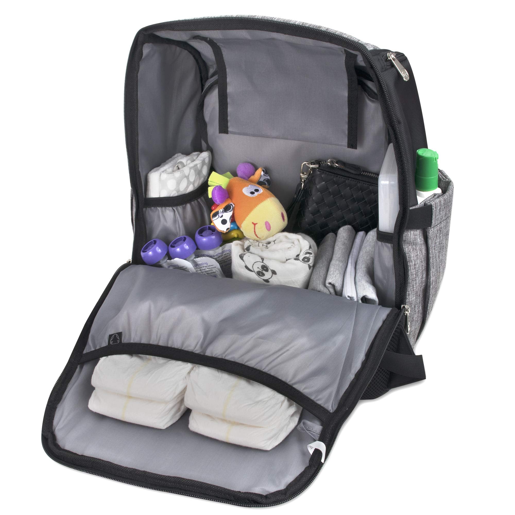 Fisher-Price Baby diaper backpack insulated bottle pockets keeping milk warm or juice cool.