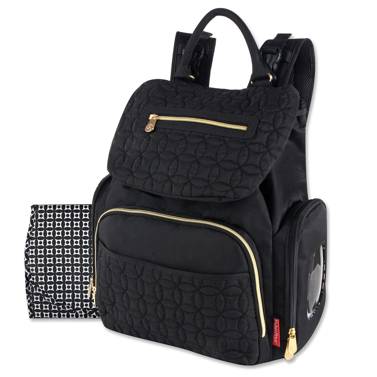 Fisher-Price Baby modern-quilted-backpack-bottle-pocket keeps bottles handy on the go.
