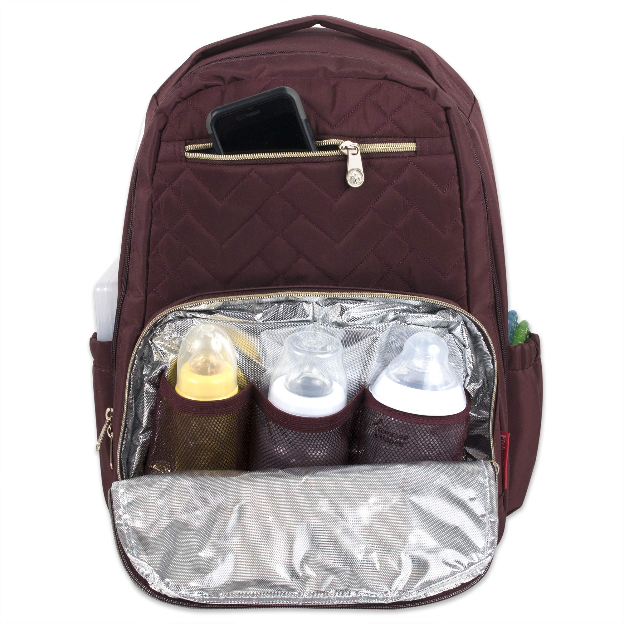 Fisher-Price Morgan quilted backpack with removable changing pad for quick diaper changes.