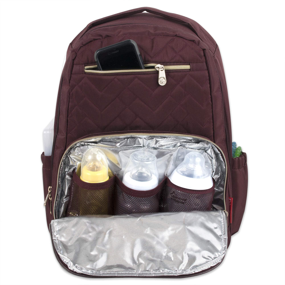Fisher-Price Morgan quilted backpack with removable changing pad for quick diaper changes.