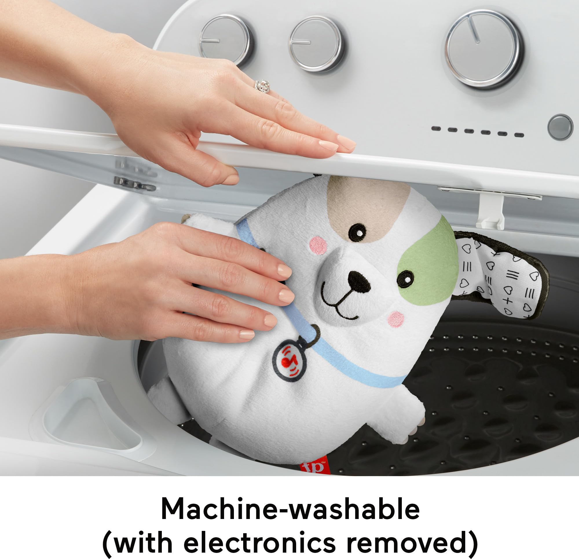 Fisher-Price Calming Vibes Puppy Soother arrives with batteries for instant comfort.