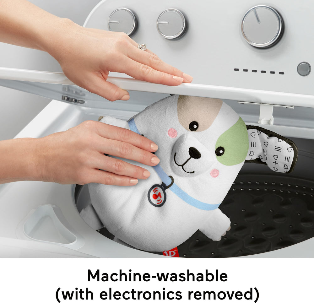 Fisher-Price Calming Vibes Puppy Soother arrives with batteries for instant comfort.