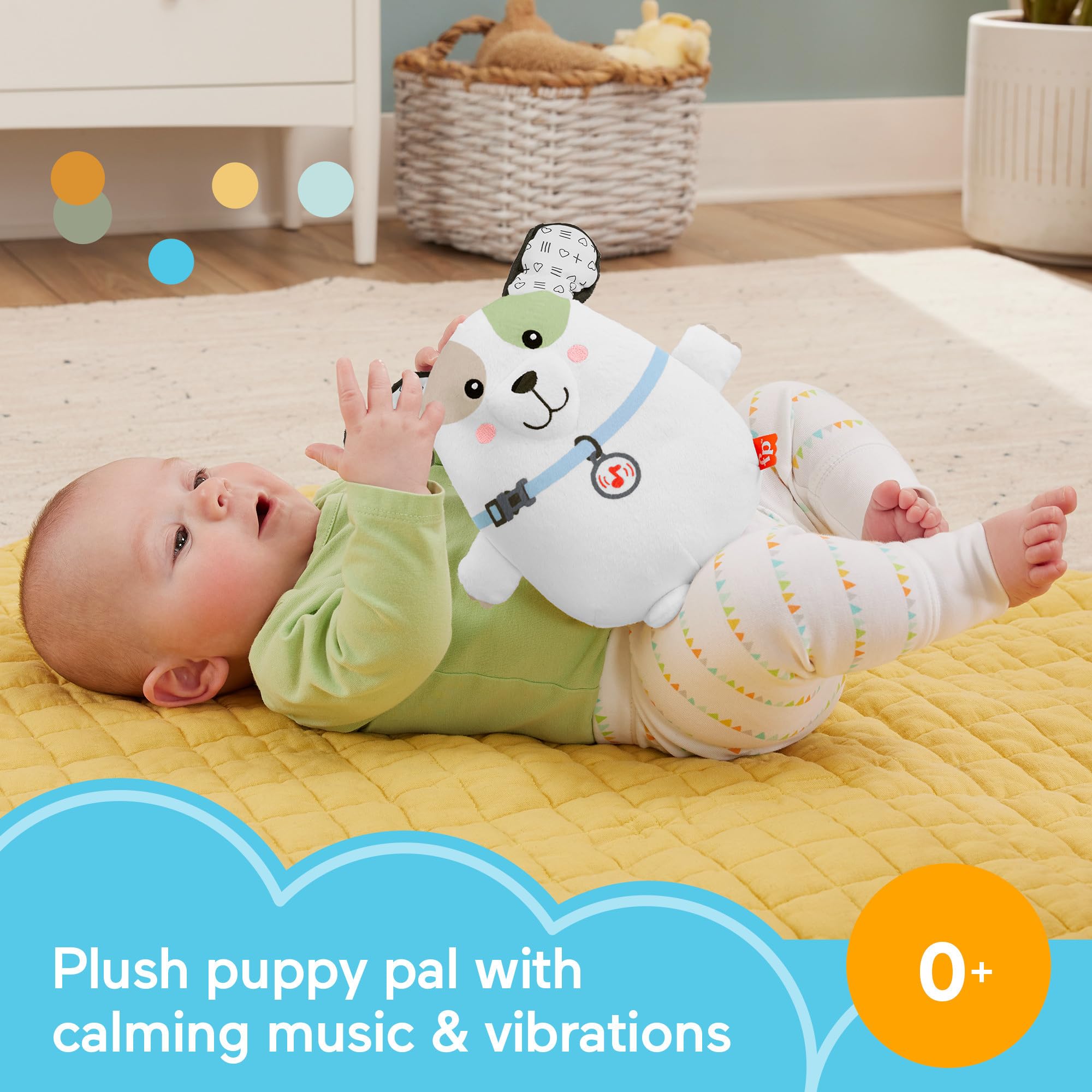Fisher-Price Calming Vibes Puppy Soother showing four play modes for personalized comfort.