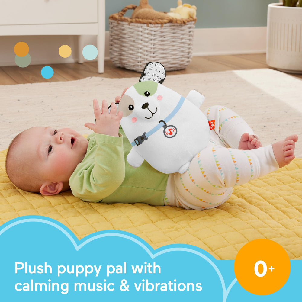Fisher-Price Calming Vibes Puppy Soother showing four play modes for personalized comfort.