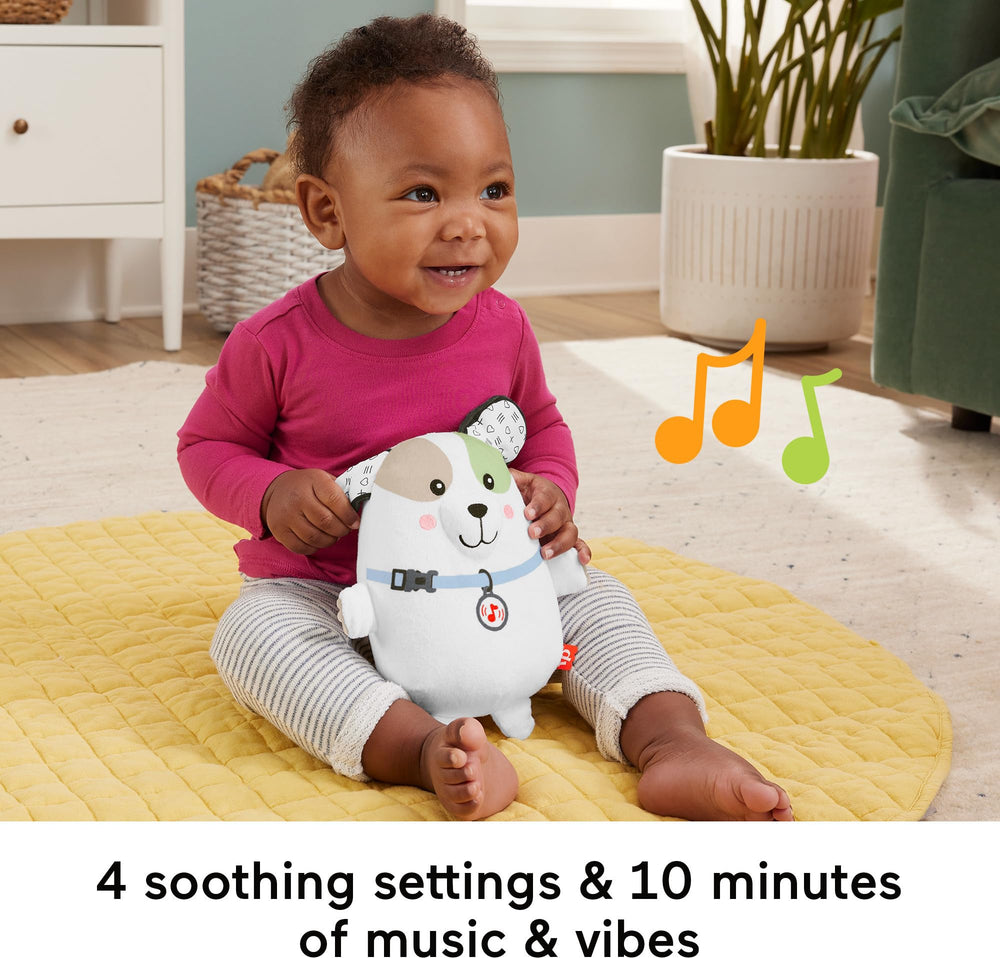 Fisher-Price Calming Vibes Puppy Soother vibrating feature calms during cuddles.