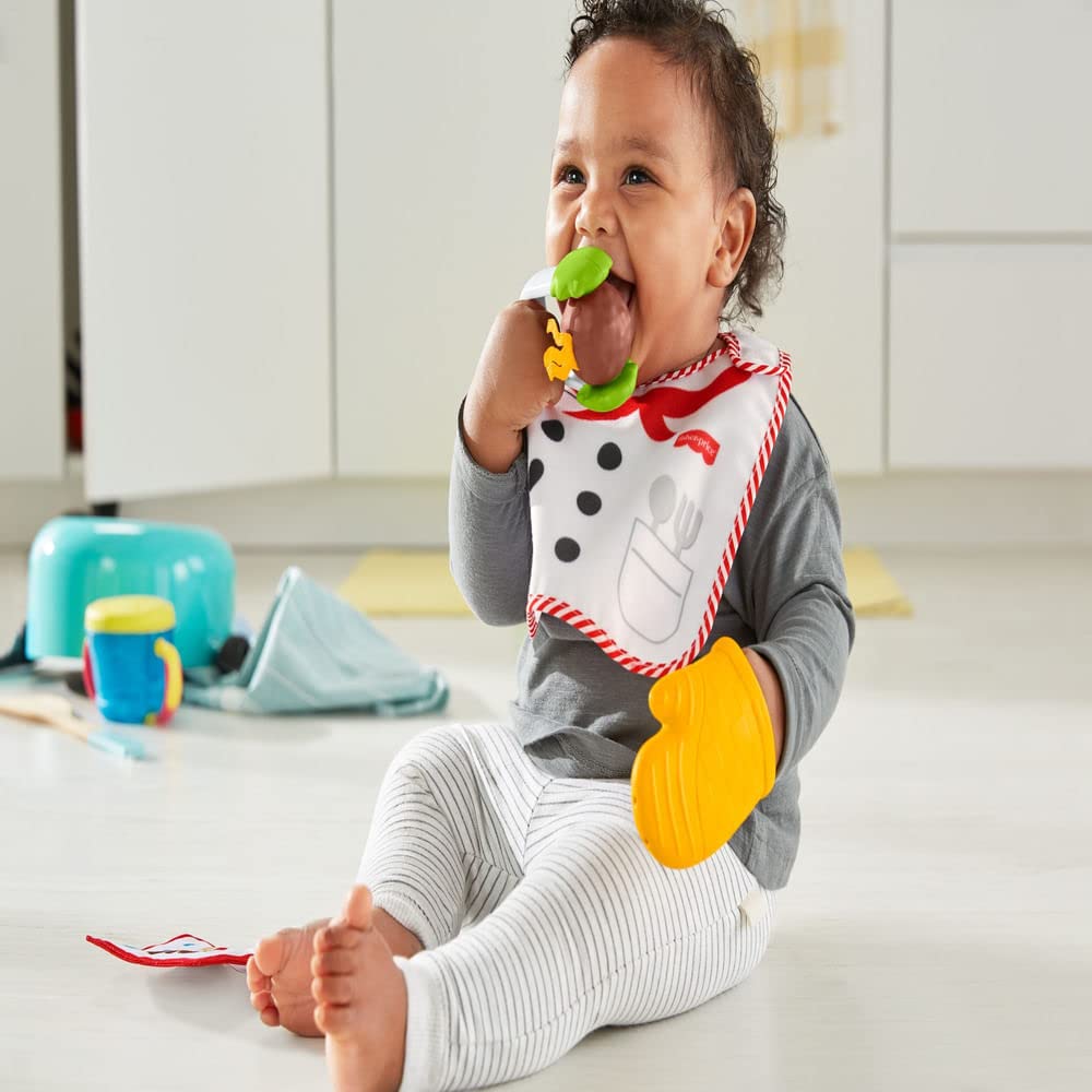 Fisher-Price Cutest Chef oven mitt teether provides safe teething relief