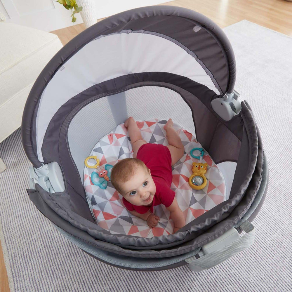 Fisher-Price canopy protects baby from sun and bugs during outings.