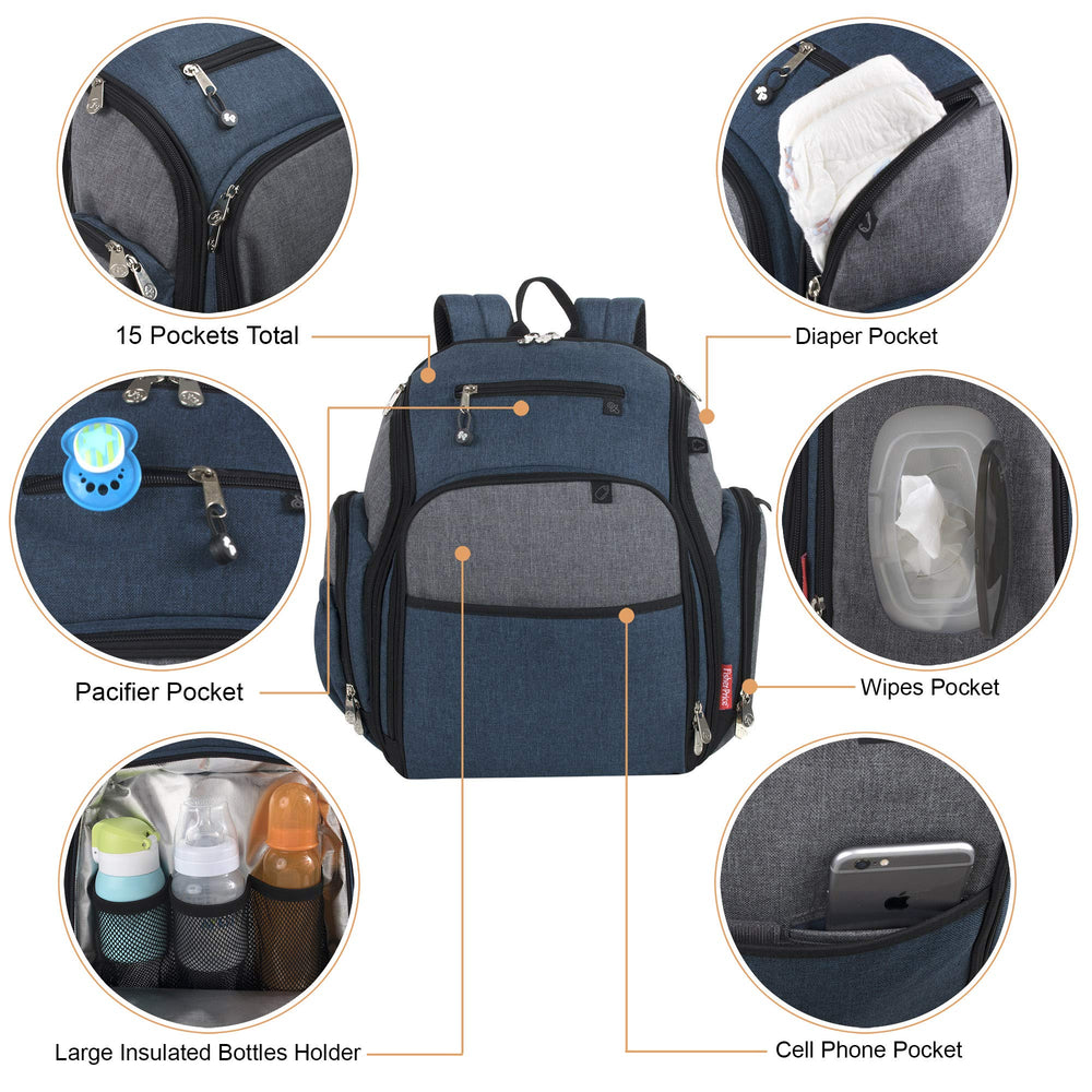 Fisher-Price FastFinder blue backpack with soft padded back straps for comfortable carrying.