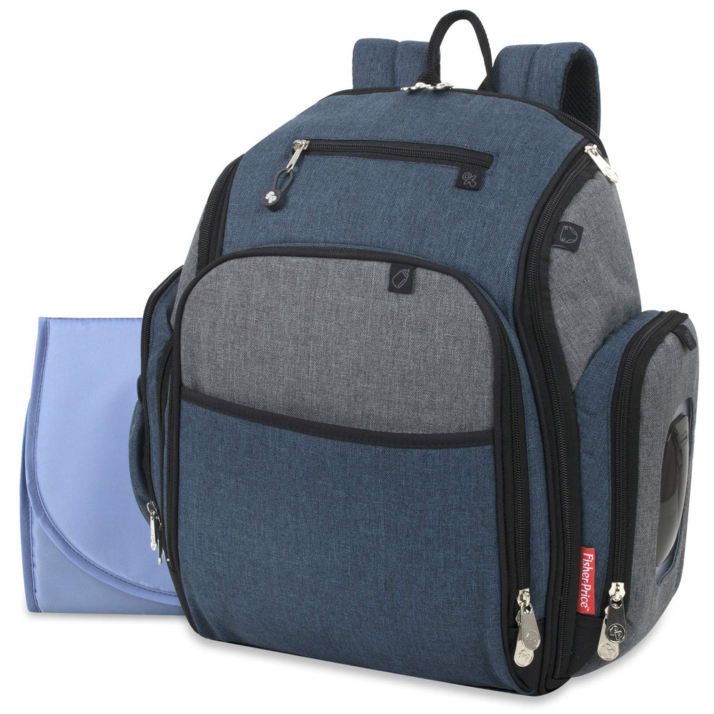 Fisher-Price FastFinder blue diaper bag backpack with labeled pockets for quick access.