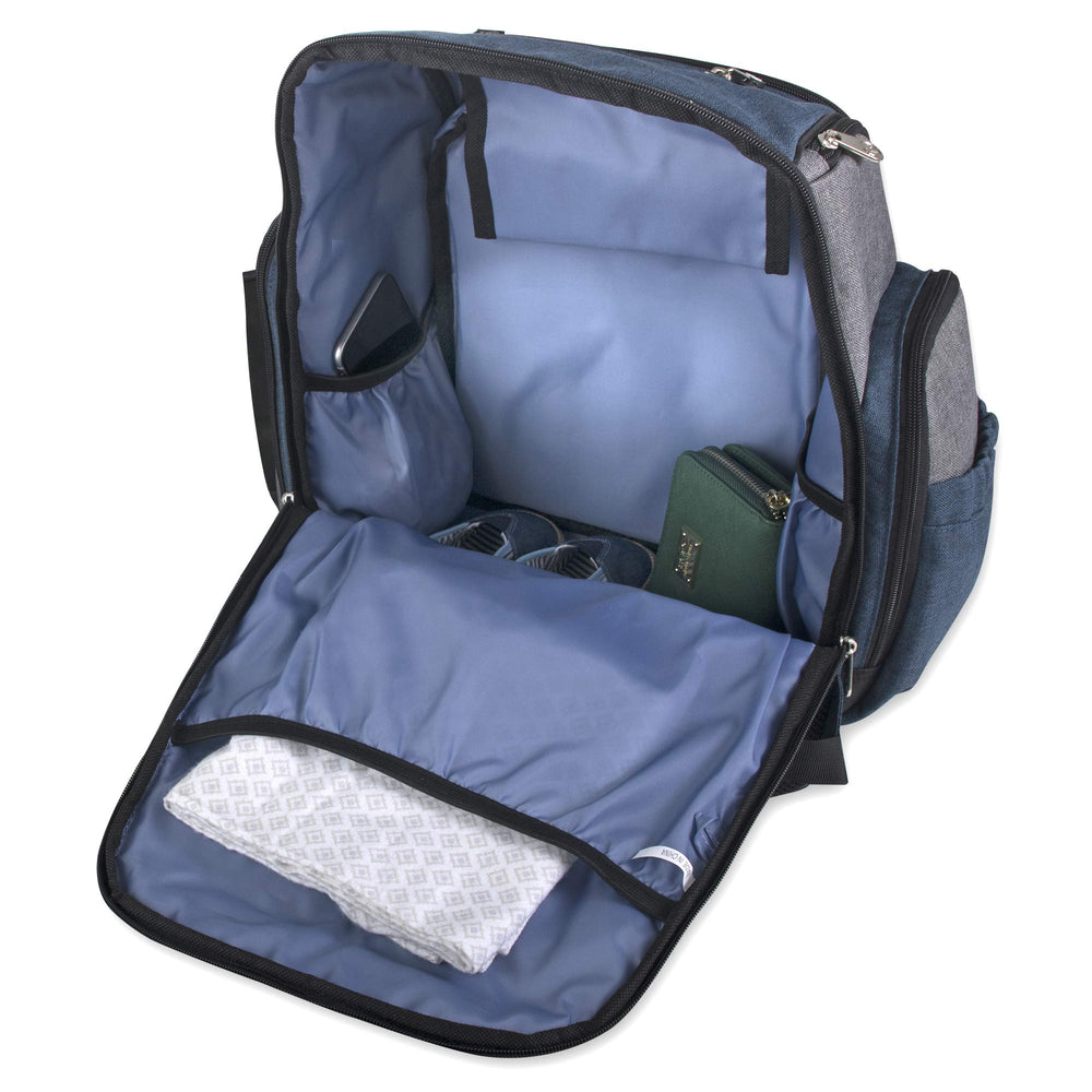 Fisher-Price FastFinder blue diaper bag showing generous pocket organization for bottles and wipes.