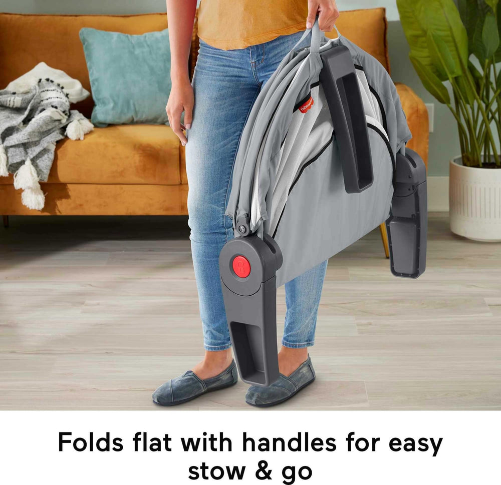 Fisher-Price fold-flat frame and carry handles for quick setup and travel
