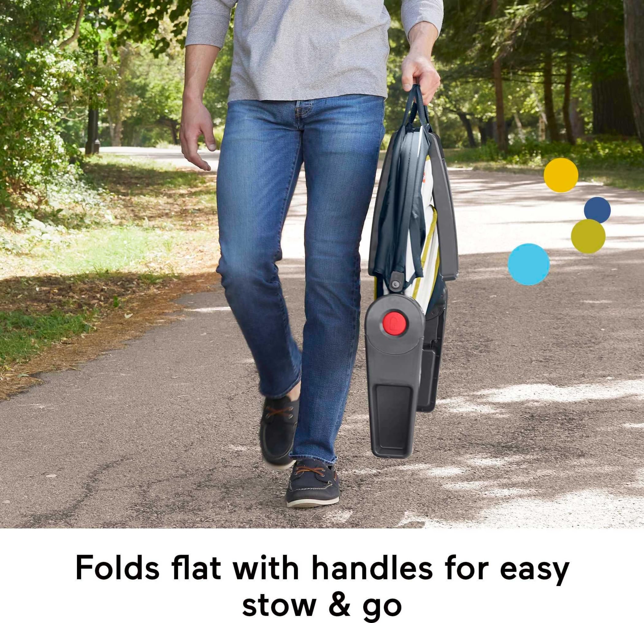 Fisher-Price fold-flat lightweight frame with carry handles for travel