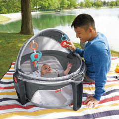 Fisher-Price On-the-Go Baby Dome removable toys encourage hands-on play.