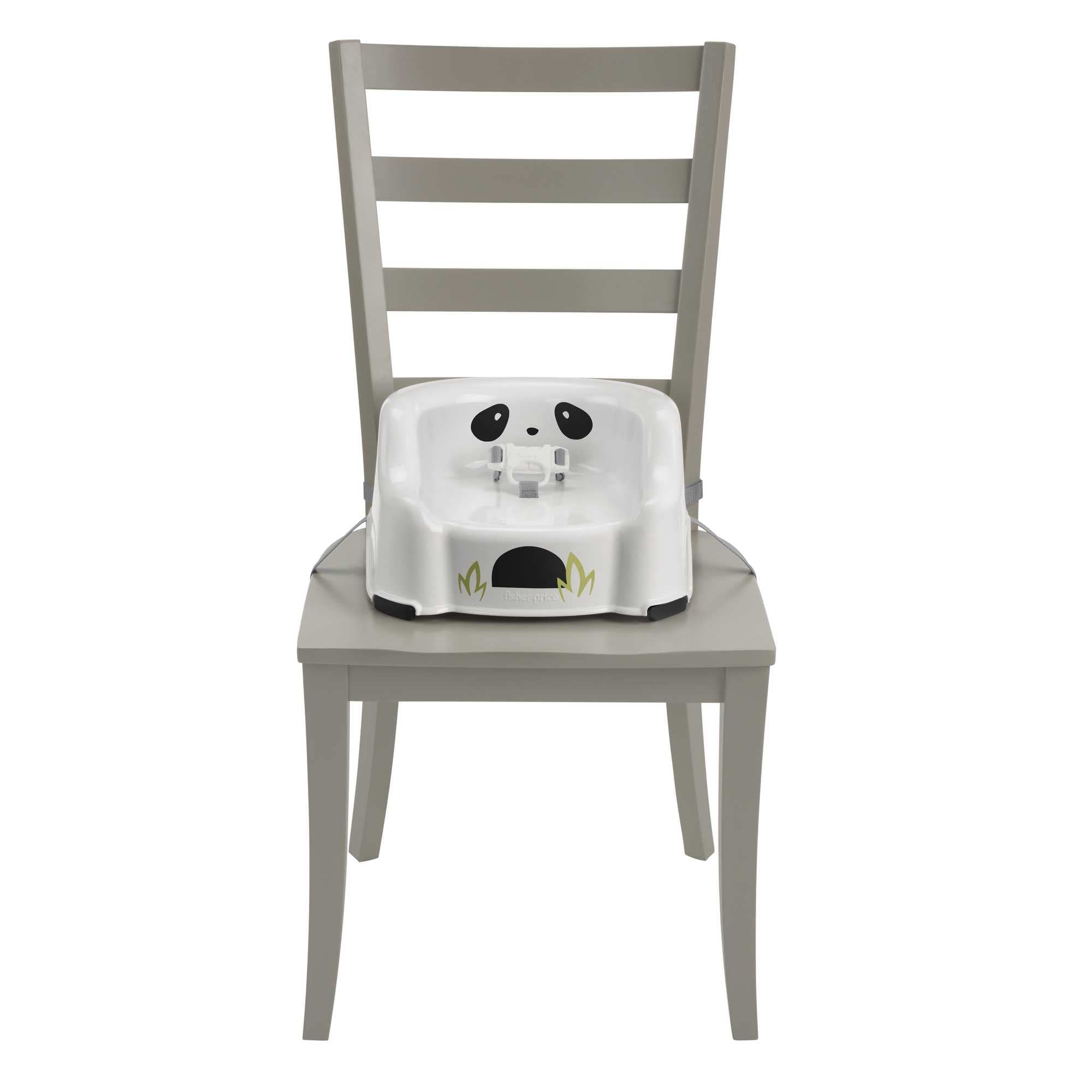 Fisher-Price Panda booster seat attaches to chair with straps for quick setup