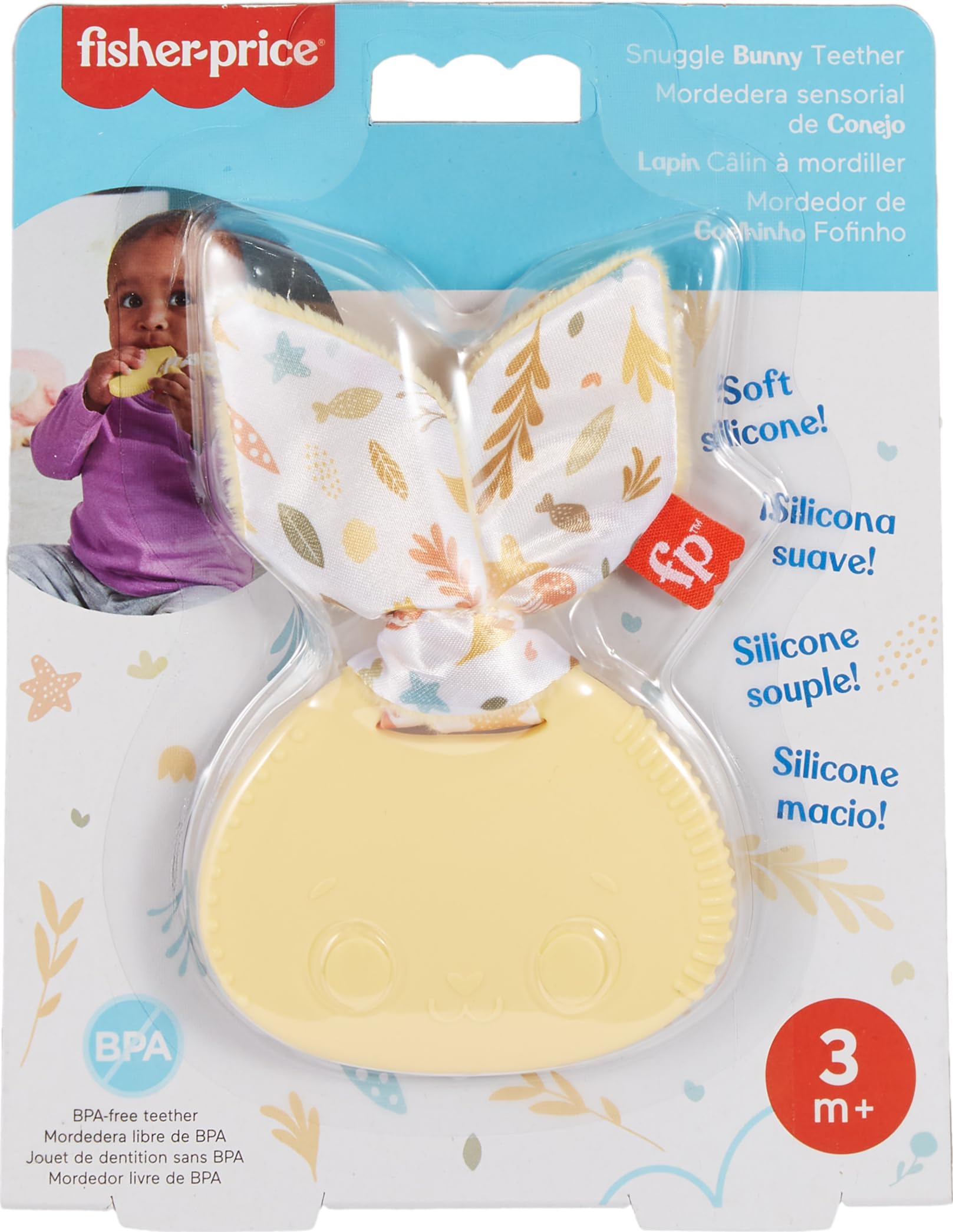 Fisher-Price Snuggle Bunny Teether features a friendly bunny face to engage senses