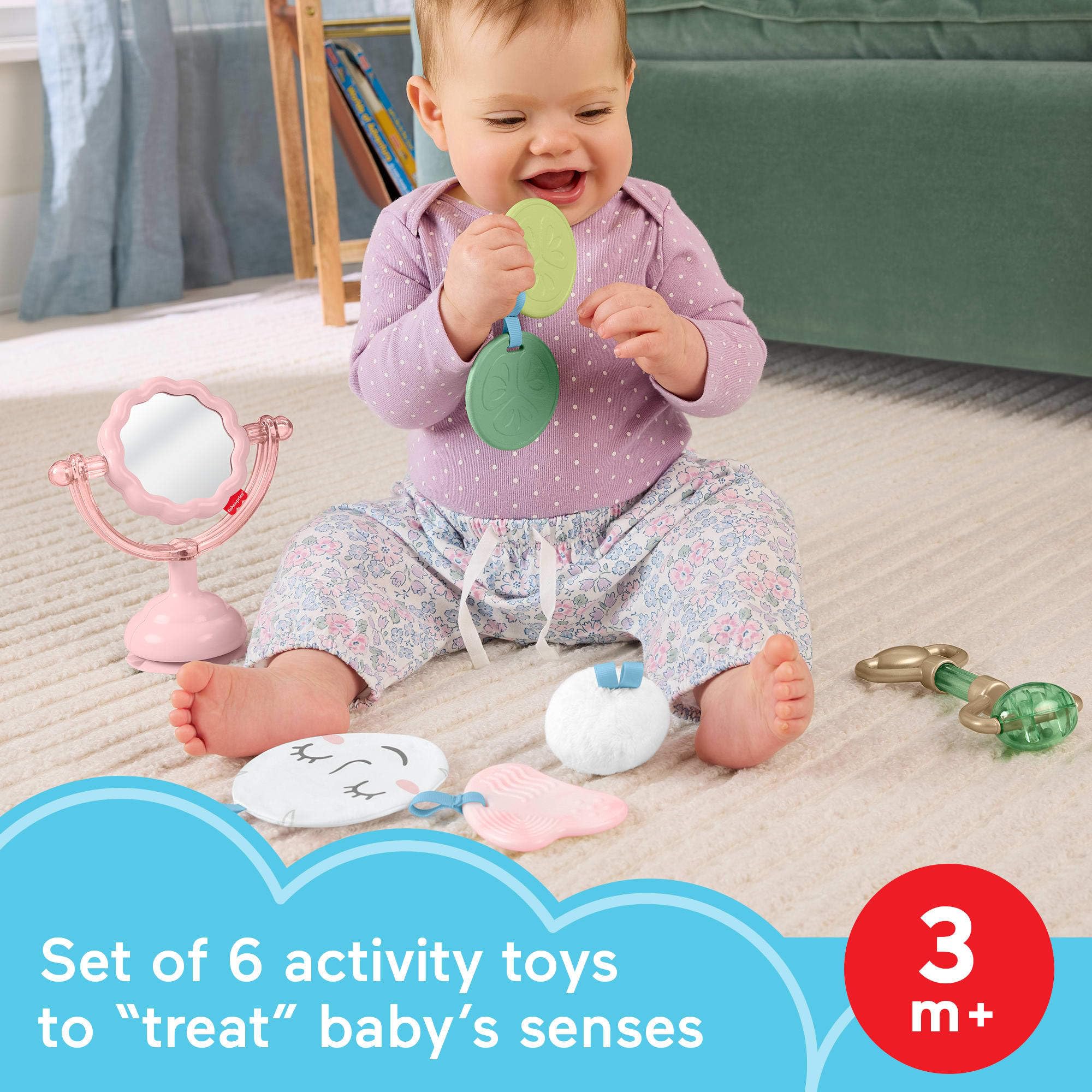 Fisher-Price squeaker puff stimulates sound play and fine motor exploration.