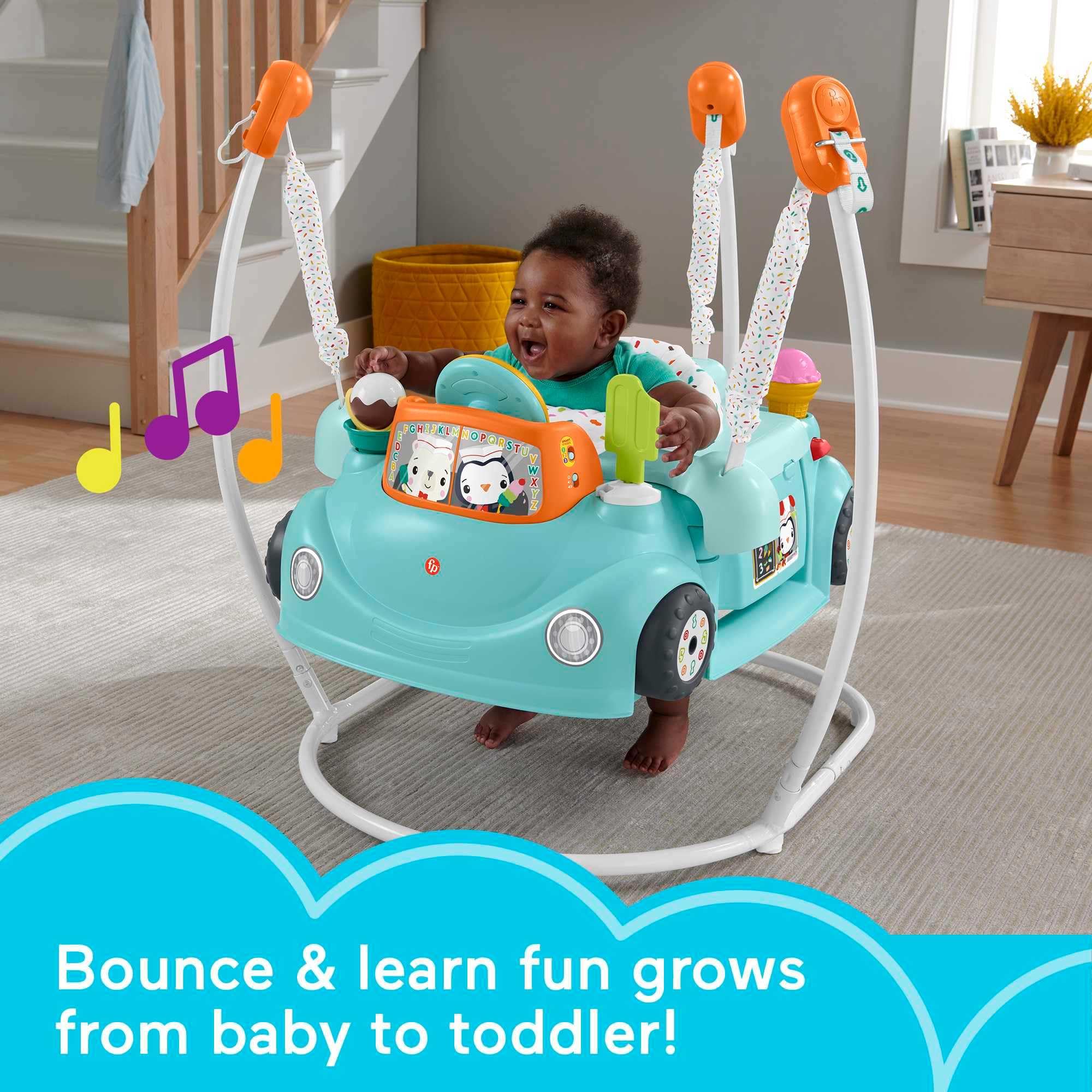 Fisher-Price Sweet Ride Jumperoo side play area shows crawl-around fun and exploration.