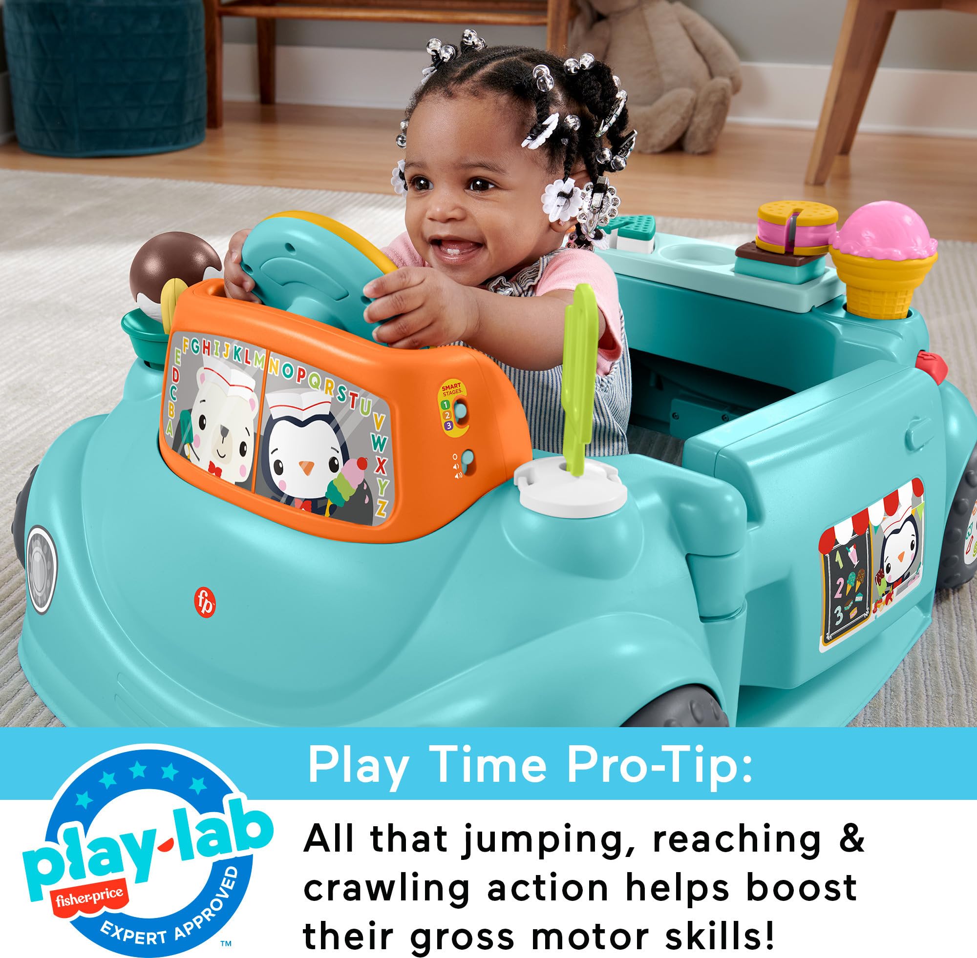 Fisher-Price Sweet Ride Jumperoo Smart Stages adapt with baby growth and learning.
