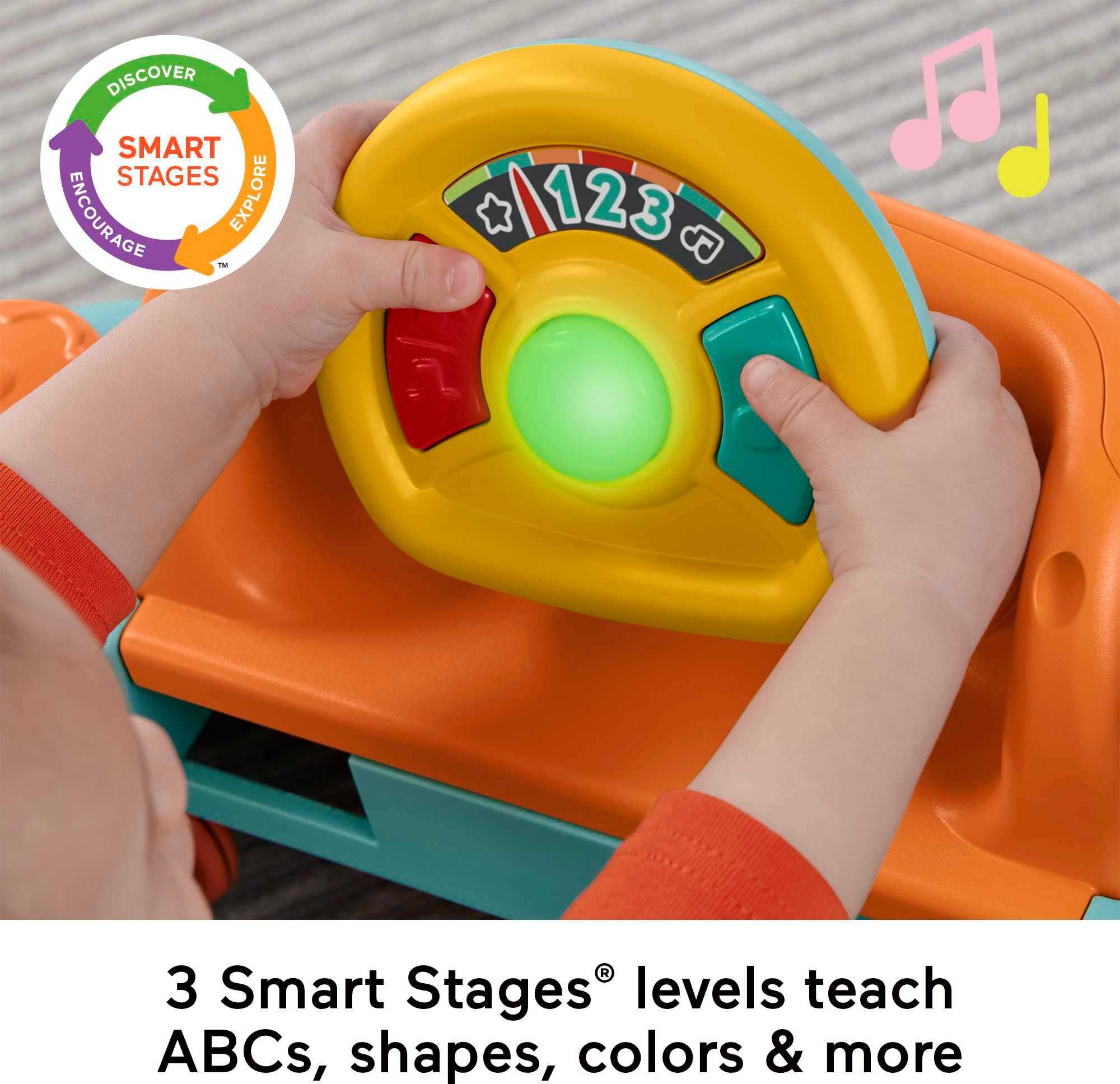 Fisher-Price Sweet Ride Jumperoo steering wheel with lights and sounds enhances interactive play.