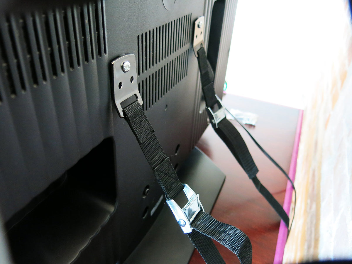 FitFabHome metal plates and buckle strap provide sturdy anti-tip support for TVs.