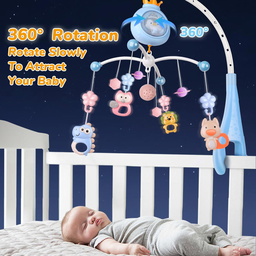 Five-color rattles on Crib Mobile double as biteable teethers.