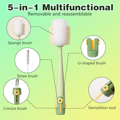 Five-in-one bottle cleaning brush set includes gap-cleaning brush for lids and tight spaces.
