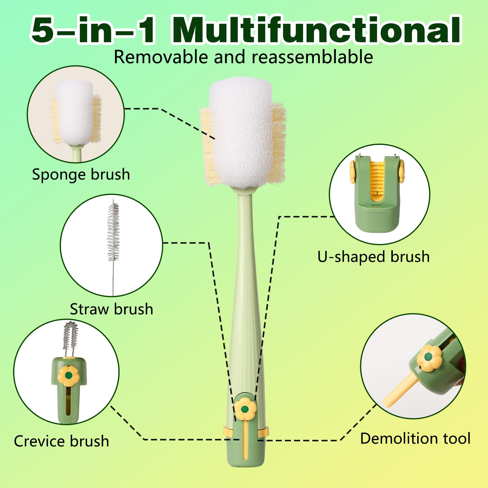 Five-in-One Bottle Cleaning Brush Set lid brush cleans lids and caps for thorough hygiene.