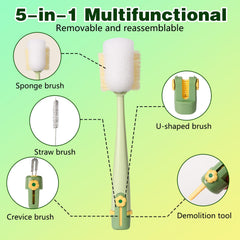 Five-in-One Bottle Cleaning Brush Set lid brush cleans lids and caps for thorough hygiene.