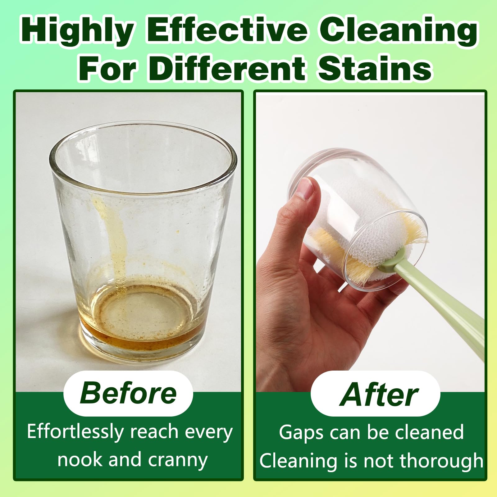 Five-in-One Bottle Cleaning Brush Set sponge head provides deep scrubbing on glass cups.