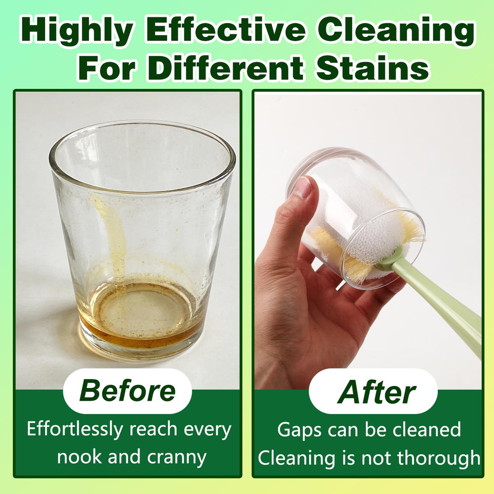 Five-in-One Bottle Cleaning Brush Set sponge head provides deep scrubbing on glass cups.