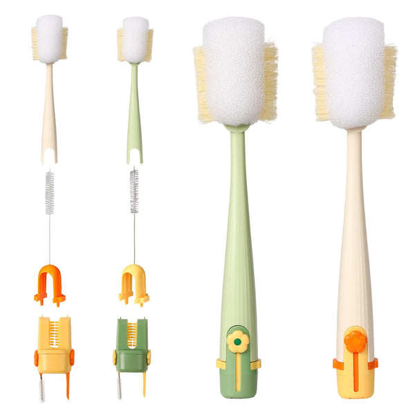 Five-in-one bottle cleaning brush set with long handle reaches deep bottle necks.