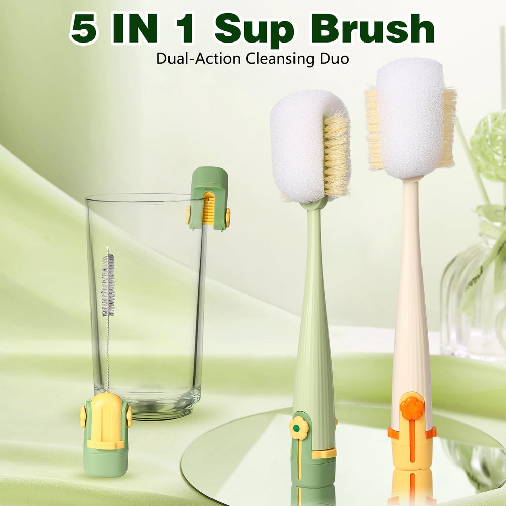 Five-in-One Bottle Cleaning Brush Set long-handle design reaches hard-to-clean areas.
